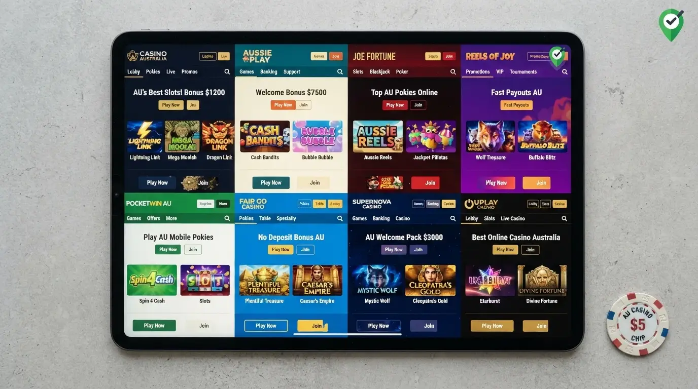 Eight casino homepages displayed in a grid on an iPad Pro screen with an Australian location marker in the corner