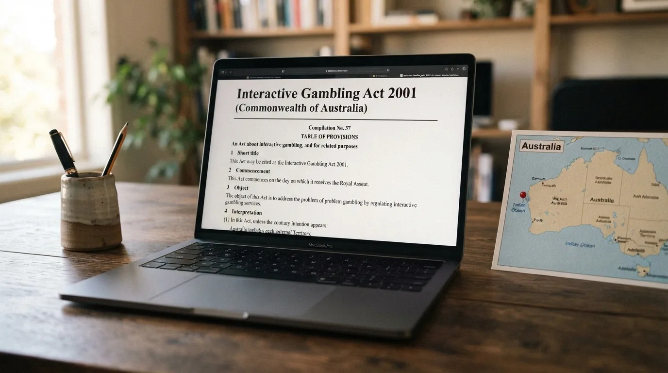 The Australian Government crest beside the text of the Interactive Gambling Act on a screen, with a geo-pin marker offshore
