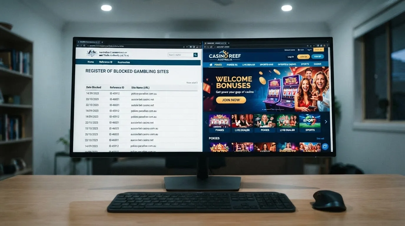 A desktop with an ACMA webpage open on one side and an offshore casino site on the other, with an arrow showing the gap between them
