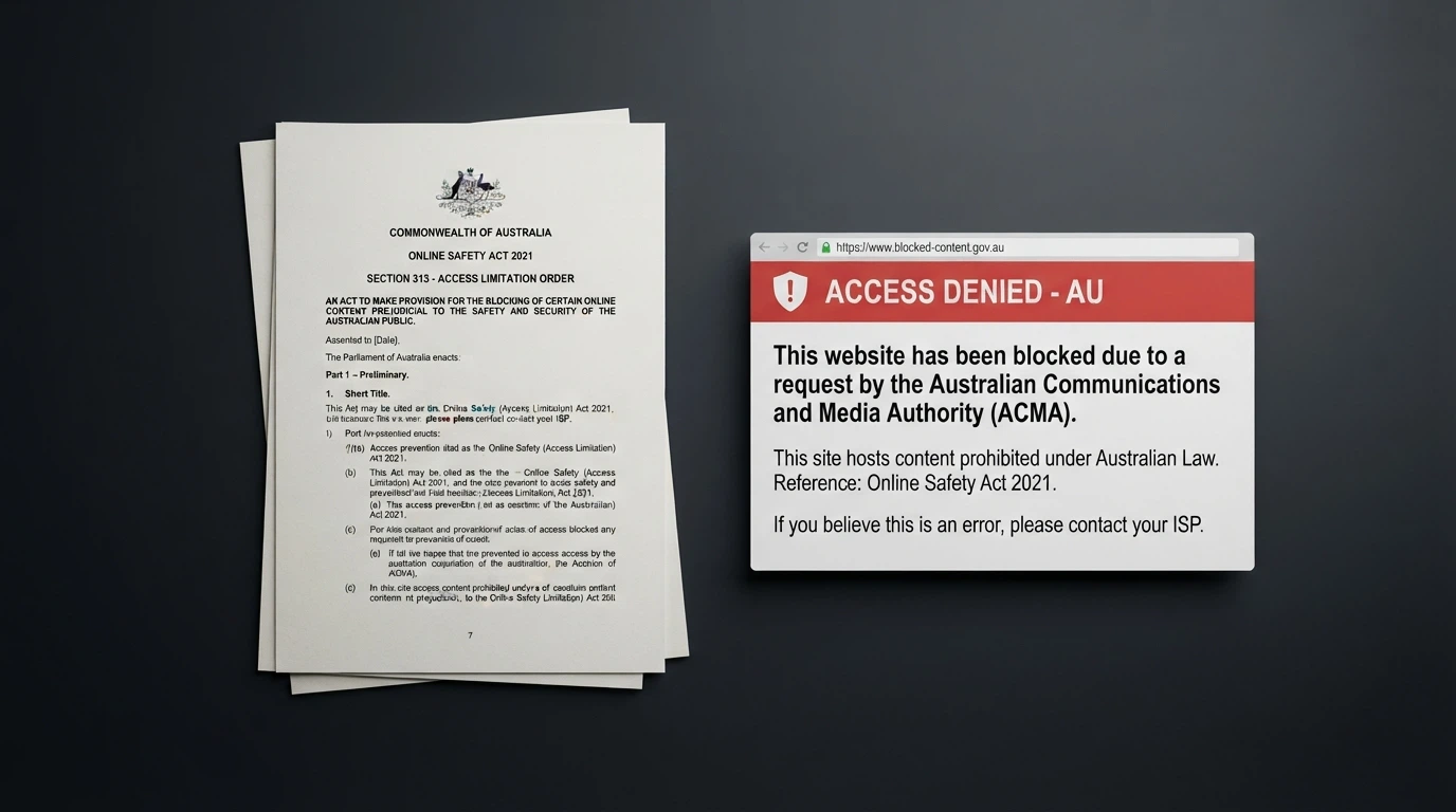 The Interactive Gambling Act 2001 document cover beside an ACMA blocking notice