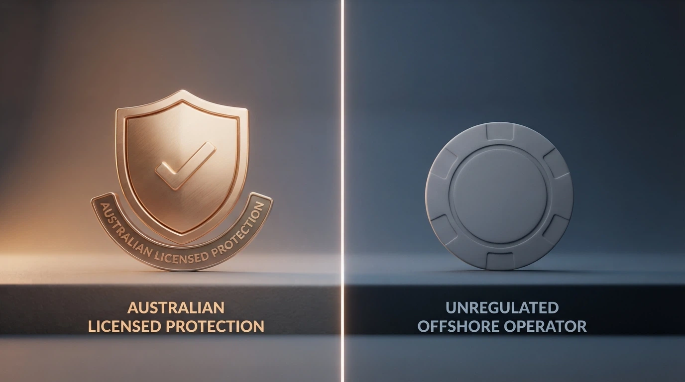 A split illustration: on one side an Australian consumer protection shield, on the other an offshore casino with no recourse labels