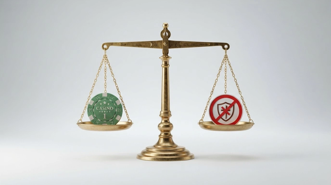 A scale balancing a casino chip on one side and a warning sign with the Australian consumer protection symbol crossed out on the other