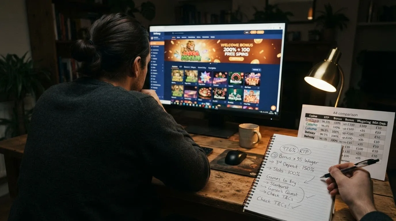 A comparison view of welcome-bonus terms from multiple casino sites laid out side by side on a desktop screen