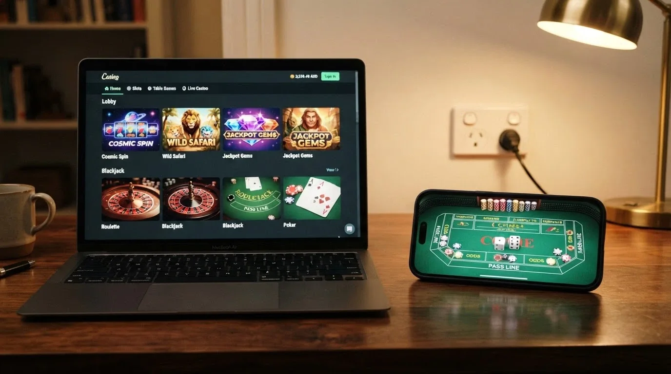 A split screen showing an online casino lobby on a laptop beside a smartphone displaying a craps table, with an Australian power point visible in the background