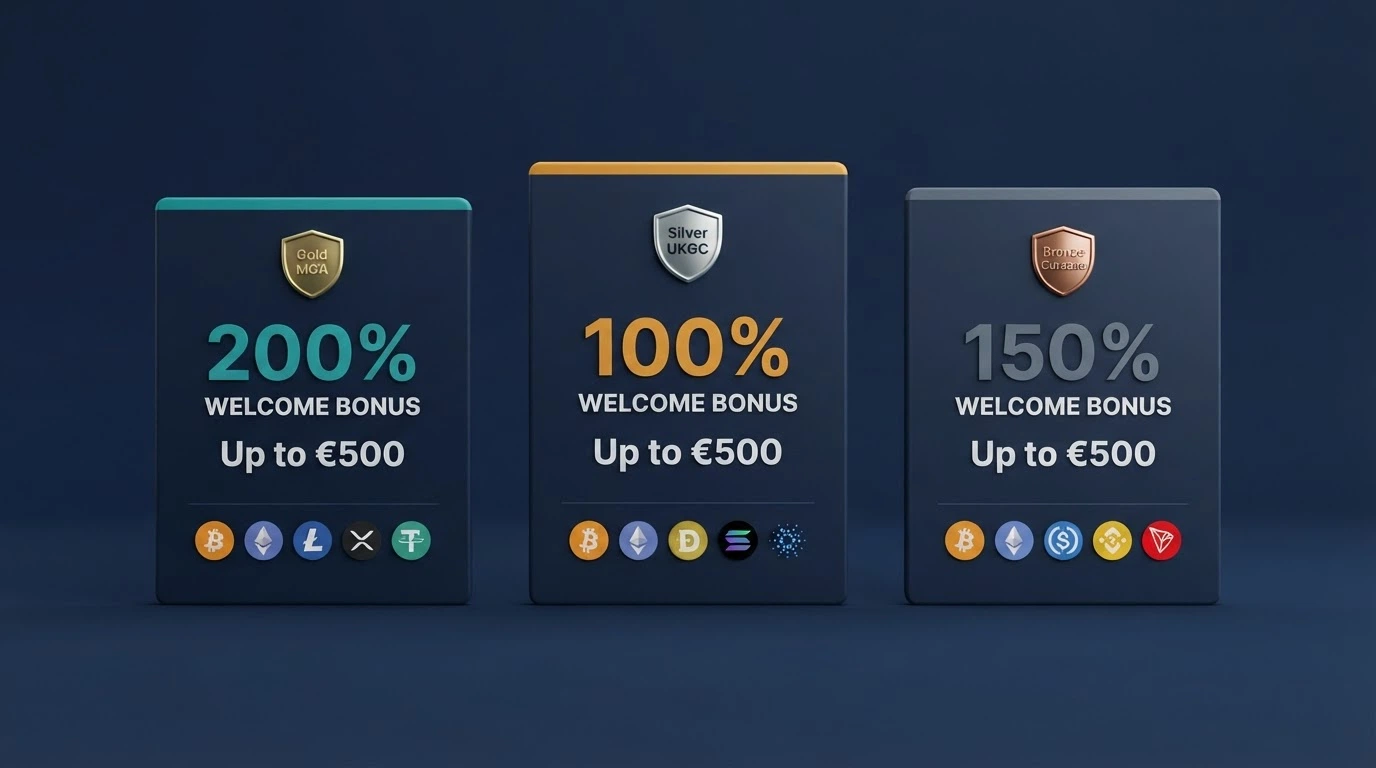 Side-by-side comparison cards of offshore bitcoin casinos with licence badges and bonus amounts displayed