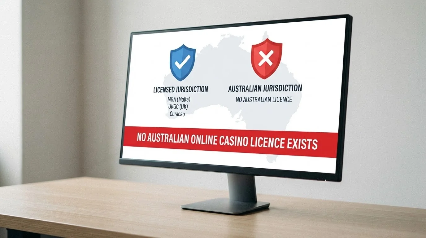 A desktop view of two Curaçao gaming licence certificates side by side, with an Australian map in the background and the text “No Australian online casino licence exists” overlaid in red.
