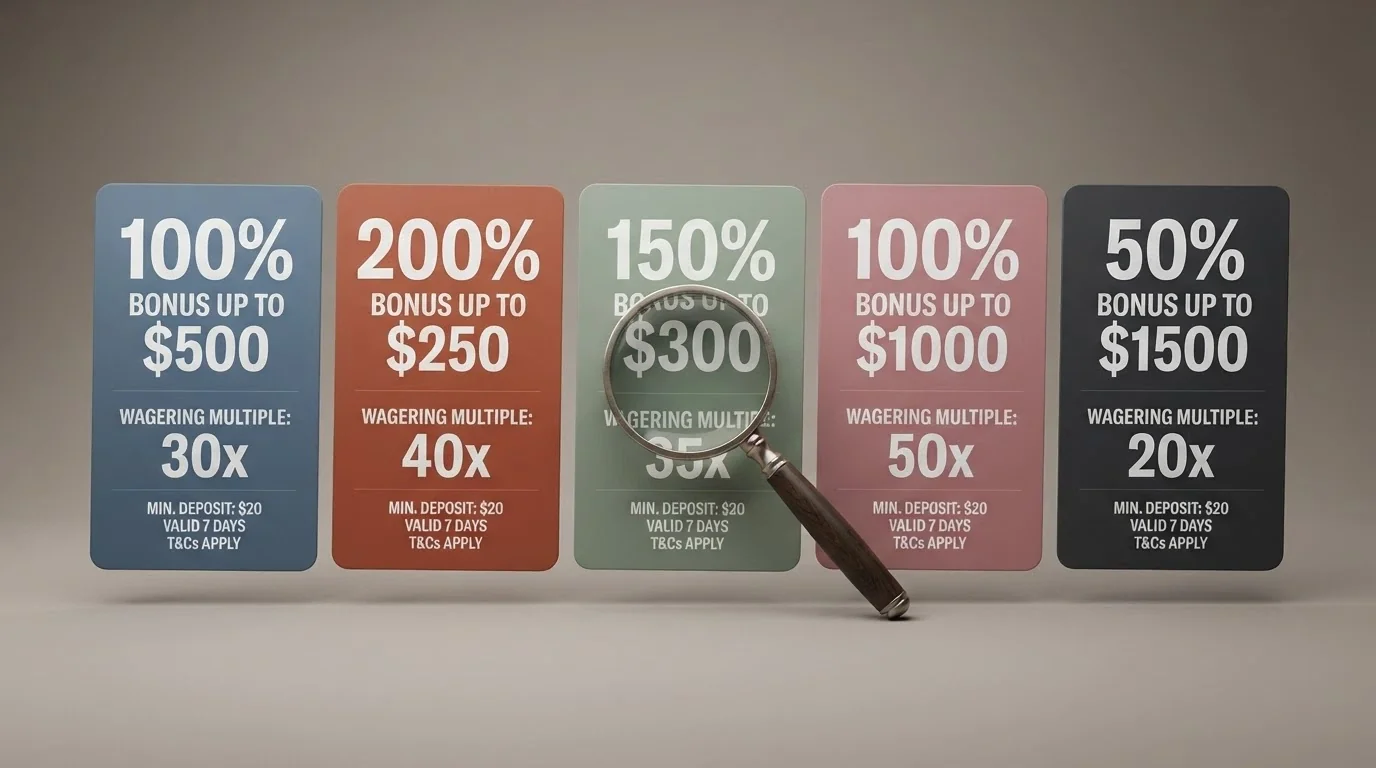 A visual comparison of casino welcome-bonus offer cards arranged side by side