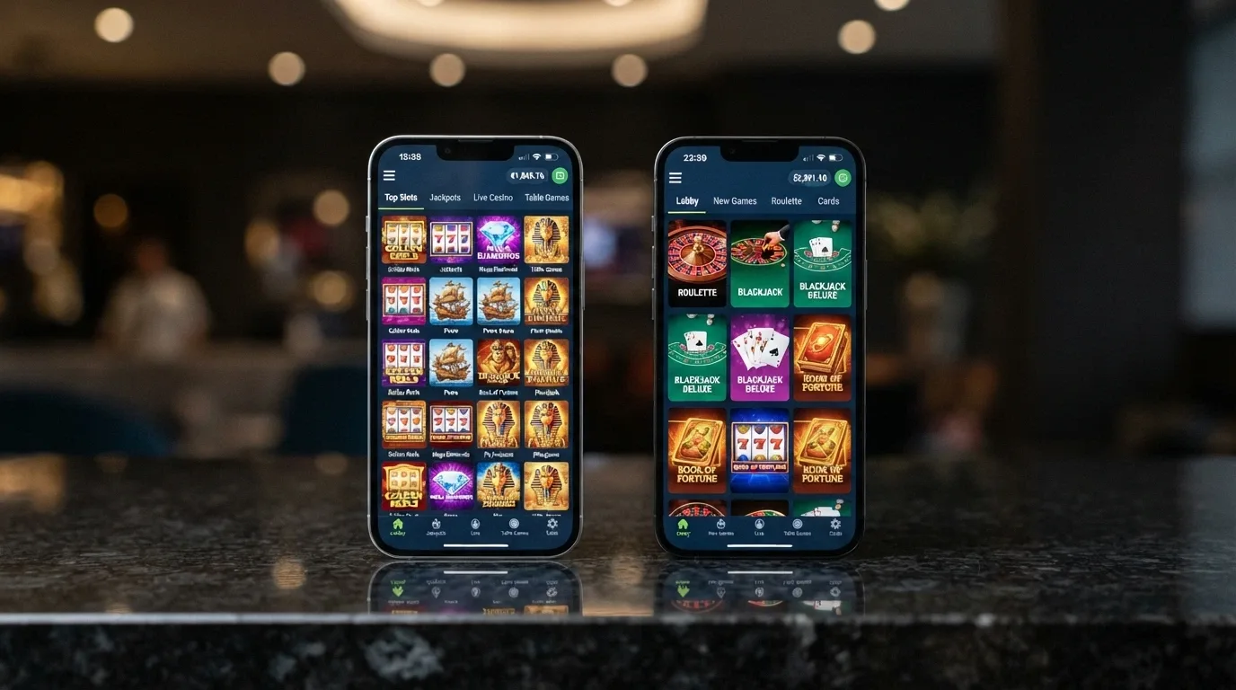 Two iPhone screens side by side showing different offshore casino PWA home screens with game lobbies visible