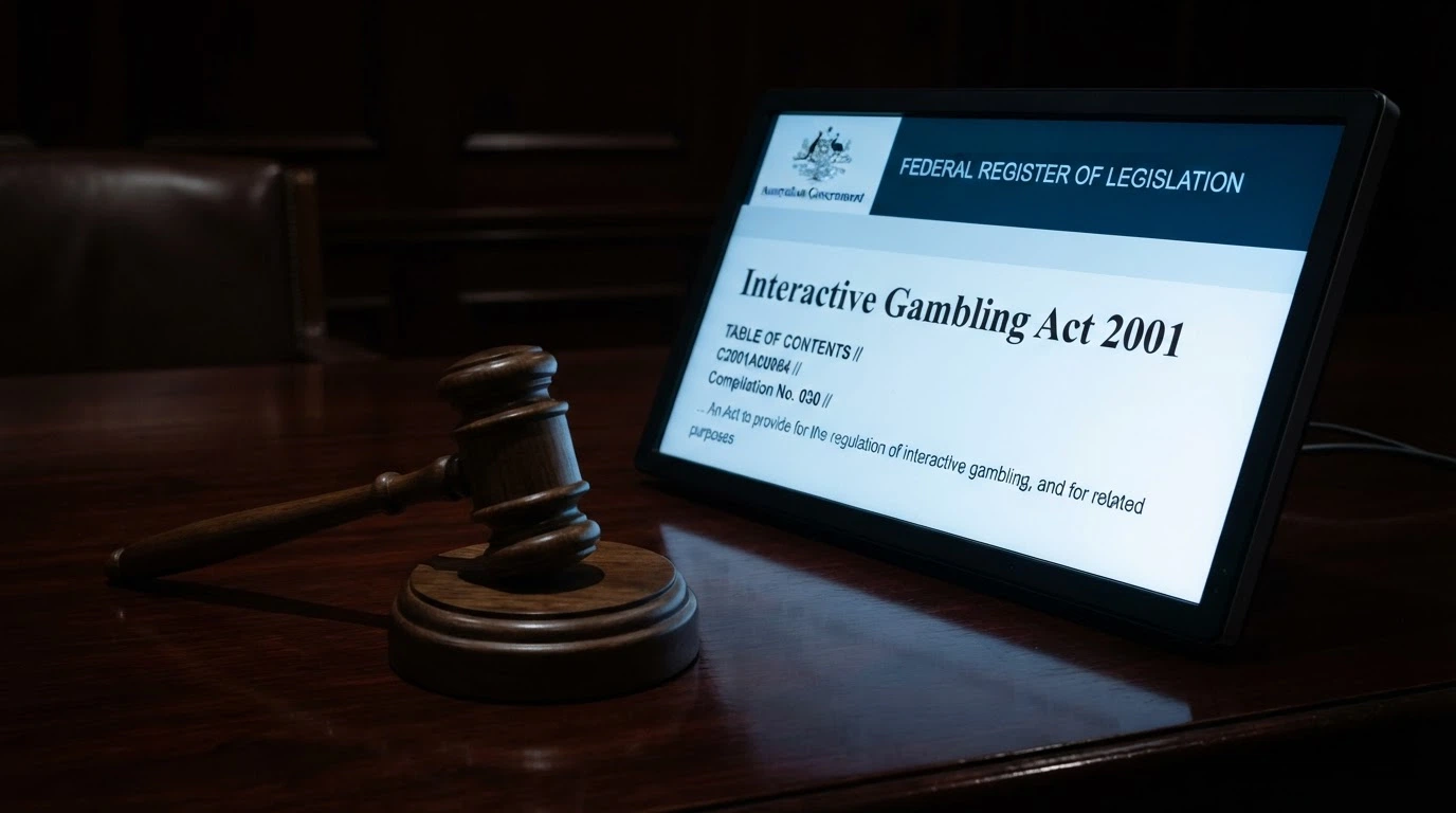 A gavel beside a computer monitor showing the ACMA logo and the words Interactive Gambling Act 2001 on screen