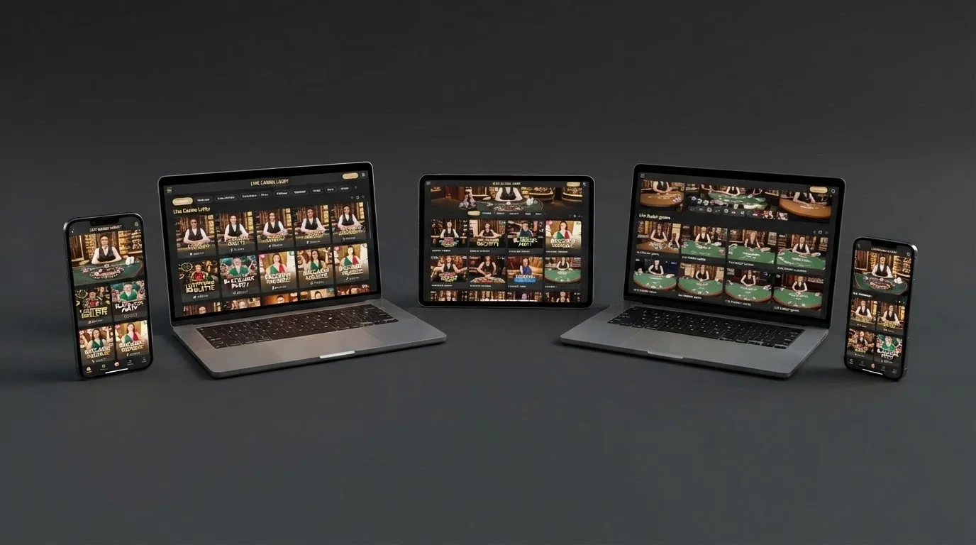 A grid of live casino platform lobbies showing game thumbnails and dealer tables from multiple operators