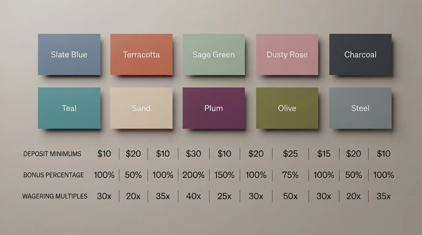 A grid of casino brand logos arranged above their minimum deposit figures, welcome bonus offers and wagering requirements