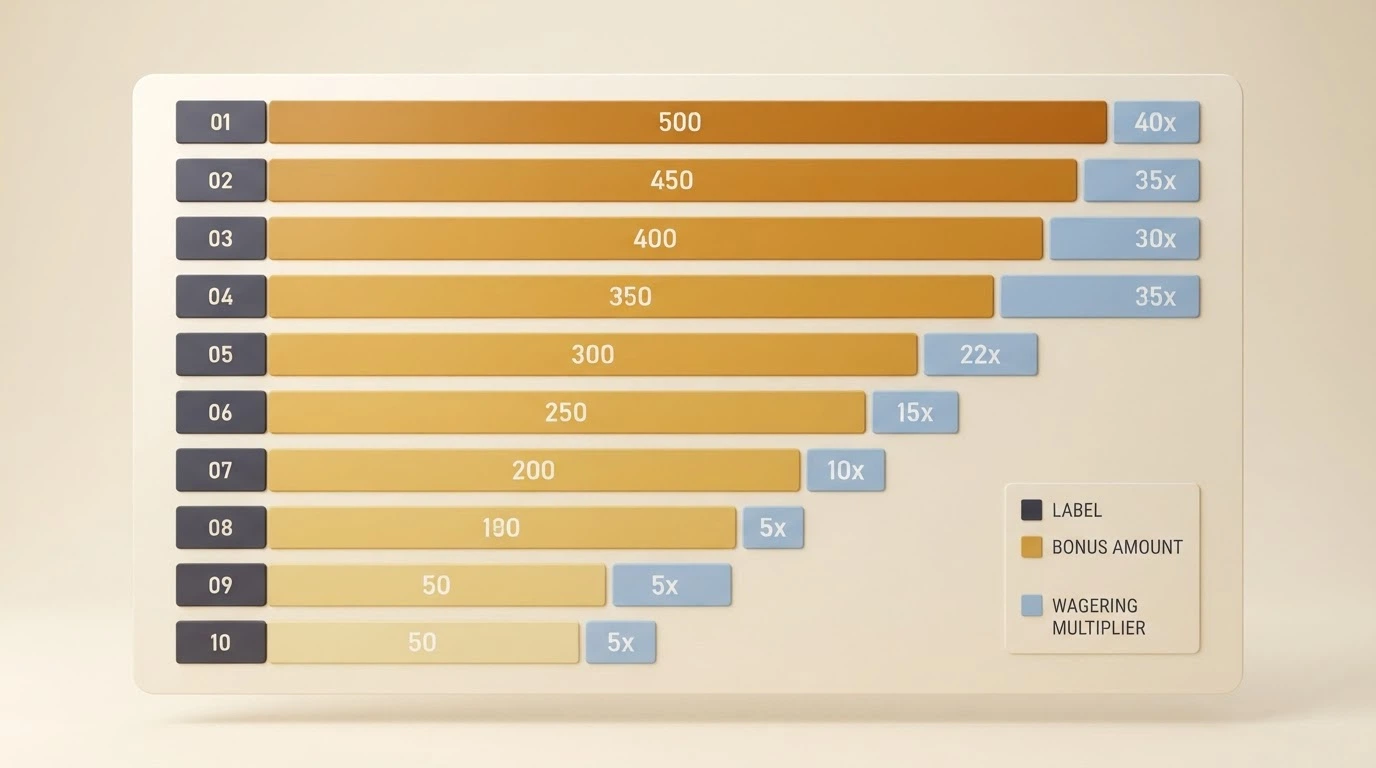 A comparison table visual showing operator names against bonus amounts and wagering figures