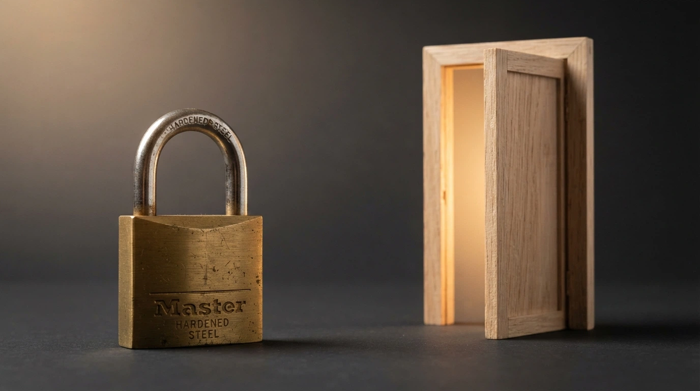An illustration of a locked padlock beside an unsecured open door, labelled with AU consumer protections