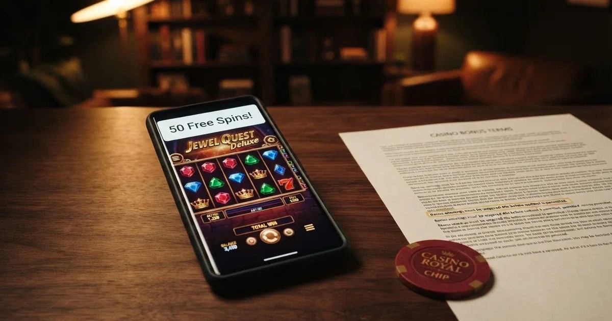 A smartphone screen showing a colourful online pokie game with a free-spin notification and Australian dollar symbols beside a terms-and-conditions document