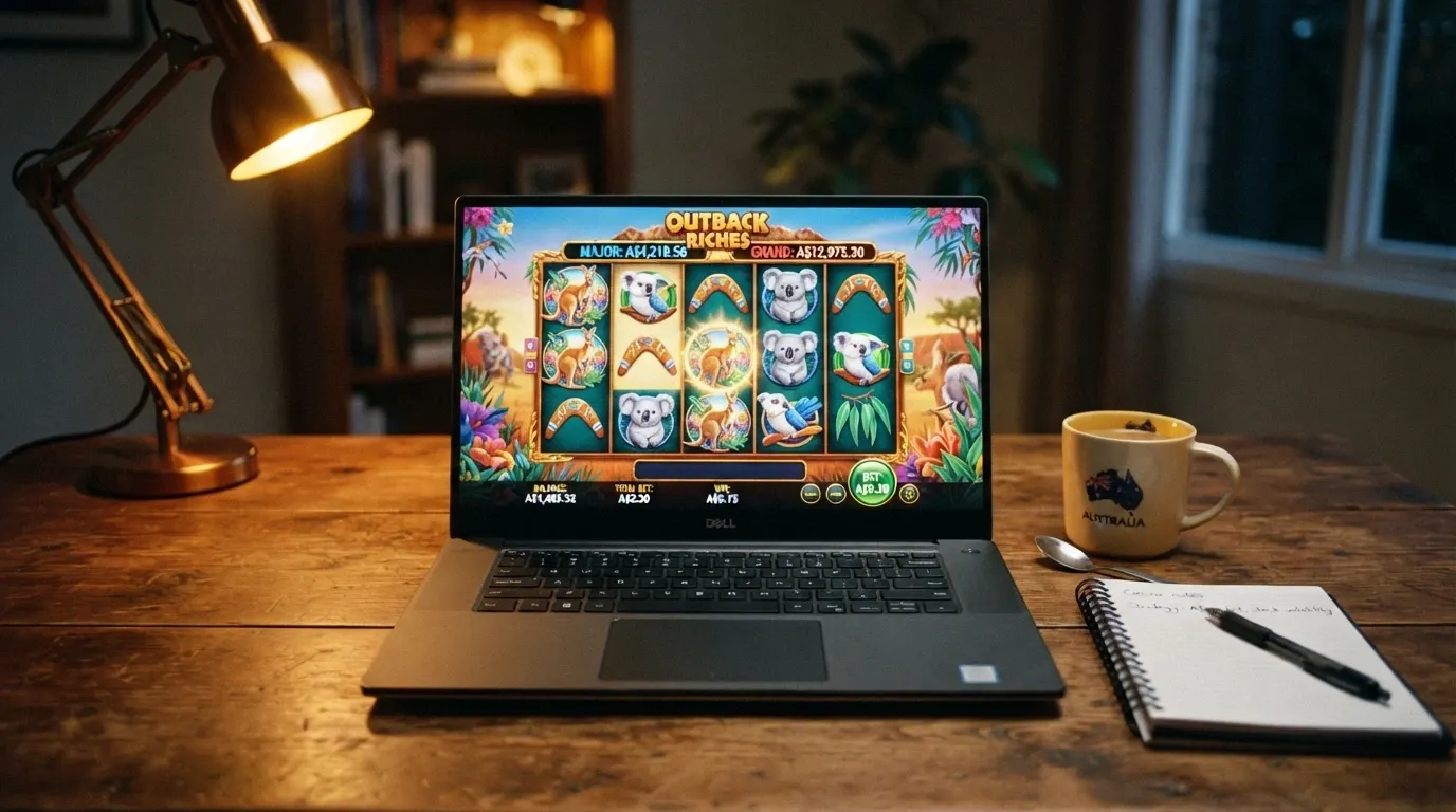 A laptop displaying a pokie game reel with a $0.20 bet amount highlighted and an Australian-dollar balance showing