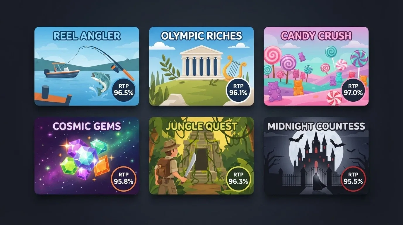 A grid of popular online pokie title cards — Gates of Olympus, Starburst, Big Bass Bonanza — with RTP percentages shown as small badges