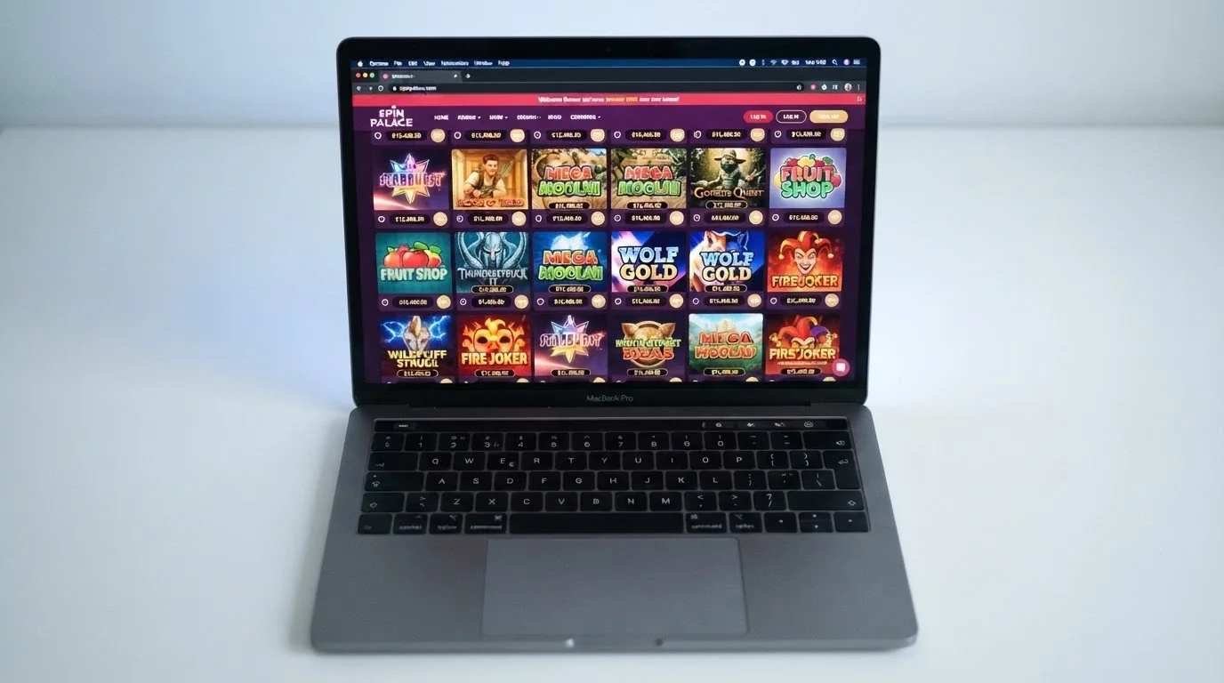 A grid of colourful online pokies title cards arranged in a casino lobby layout