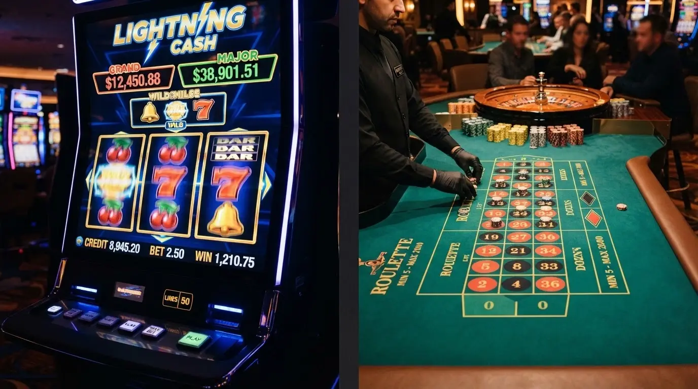 A split frame showing a colourful pokies grid on one side and a live-dealer roulette table with a croupier on the other, no real brand visible