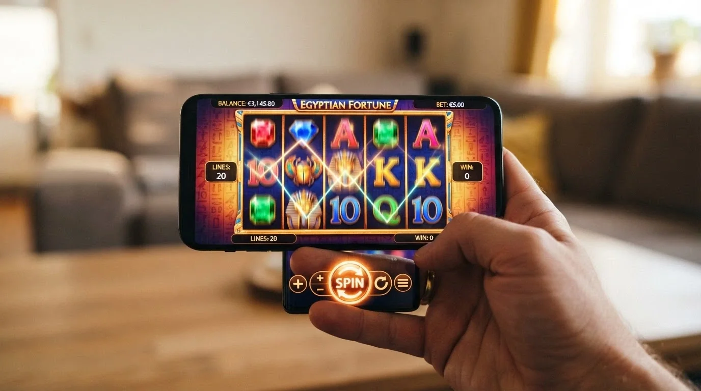 A close-up smartphone screen showing a five-reel online pokie game with the spin button set at $0.10 and a balance counter reading $5.00
