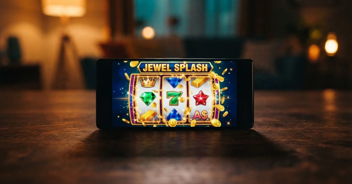 A smartphone screen showing a colourful online pokies game with a “No Deposit Bonus” banner across the top, AU dollar symbols visible on the reels