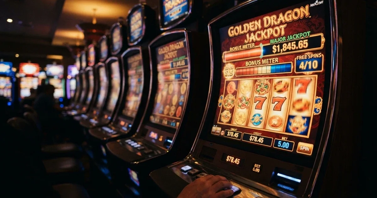 A row of colourful online pokie machine screens with “Free Spins” lit up on the display, set against a dark casino-style background
