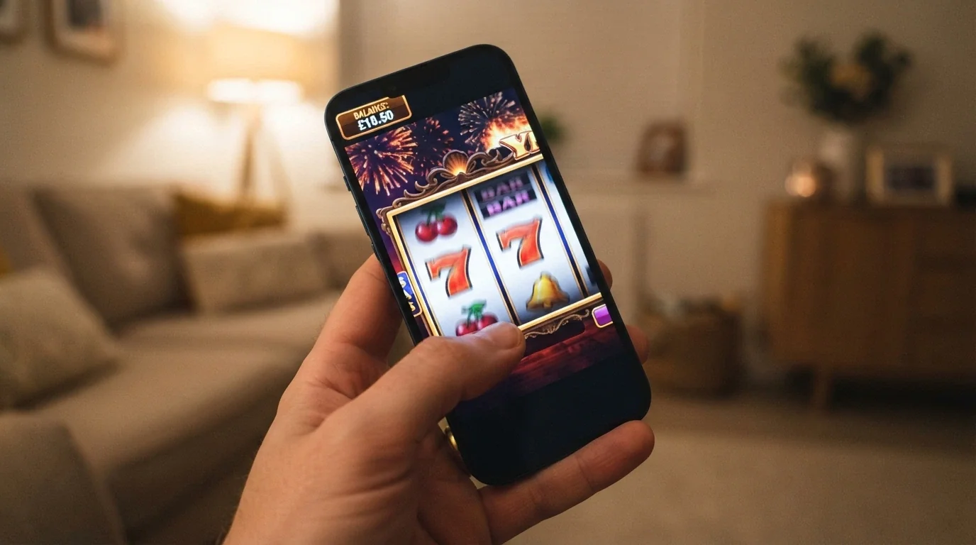 A close-up of a pokies reel mid-spin on a mobile phone, with a balance display showing a low two-figure amount