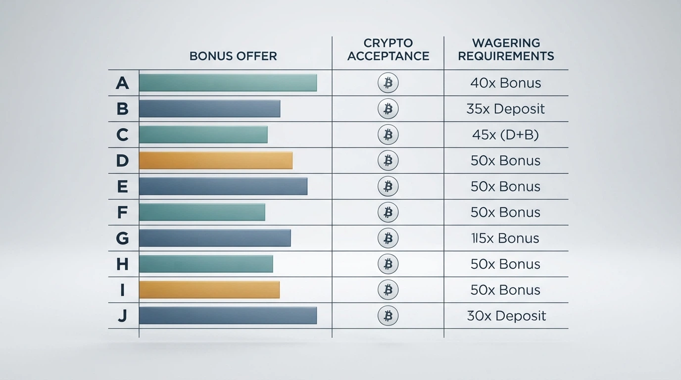 A stylised comparison grid showing operator names beside bonus percentages, wagering multipliers and crypto-acceptance icons