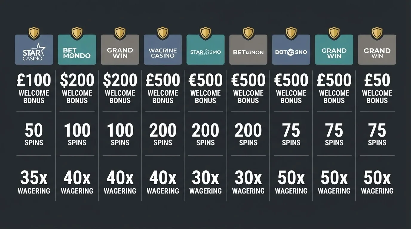A clean comparison grid with operator names, bonus figures and licence badges arranged in columns against a dark background