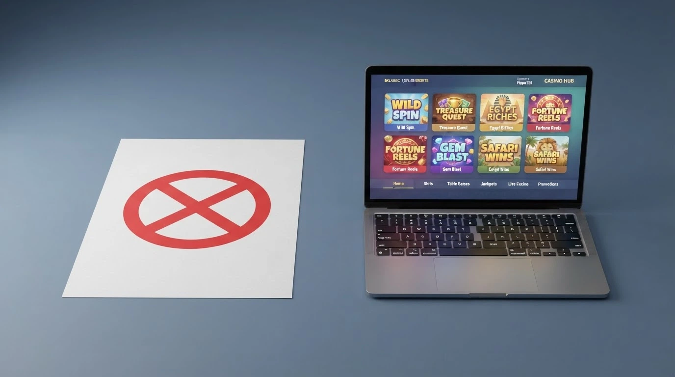A side-by-side visual of a licence document with a red cross through it next to a computer screen showing a pokies lobby