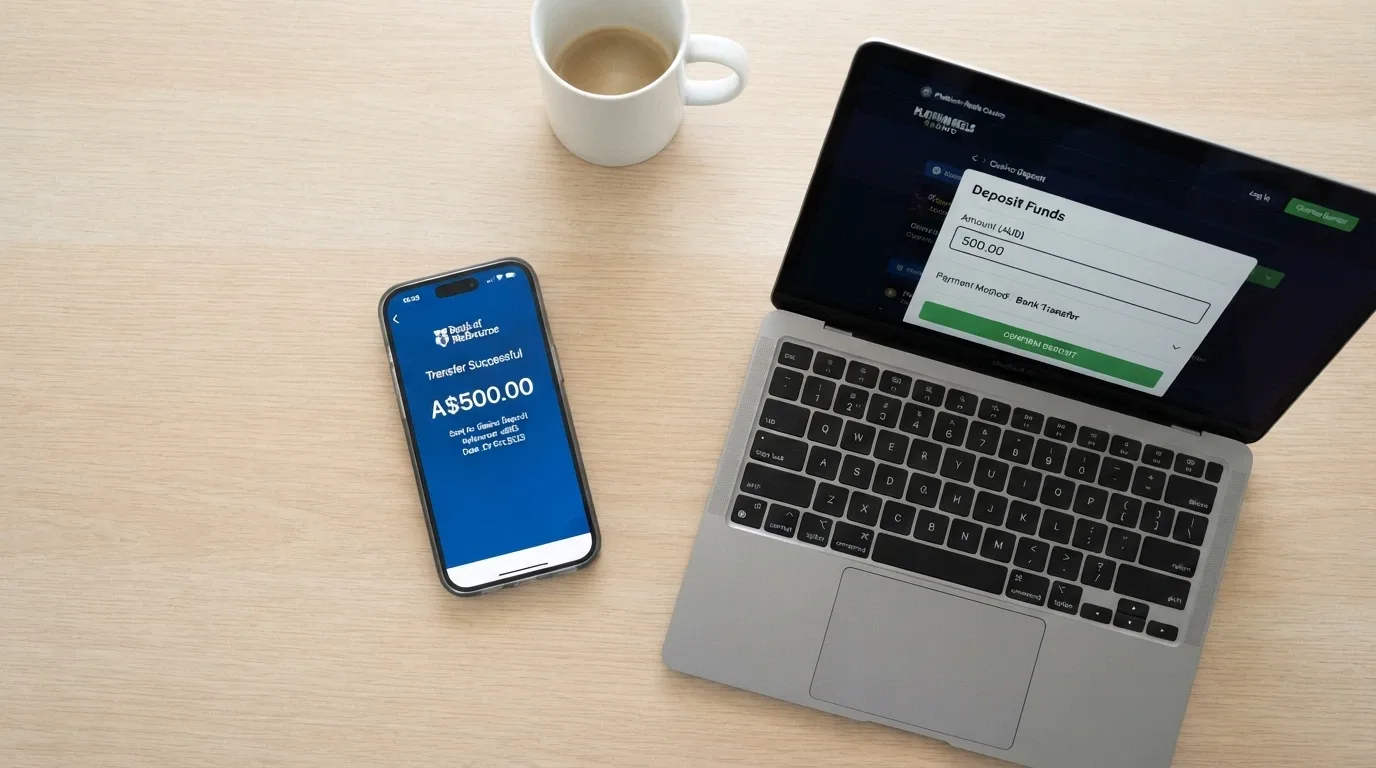An Australian banking app open to the PayID transfer screen beside a casino deposit page showing the same amount