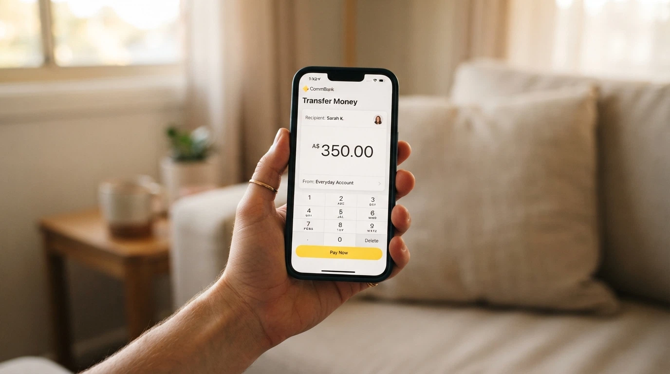 A smartphone banking app showing a PayID transfer screen with a recipient field and amount entry