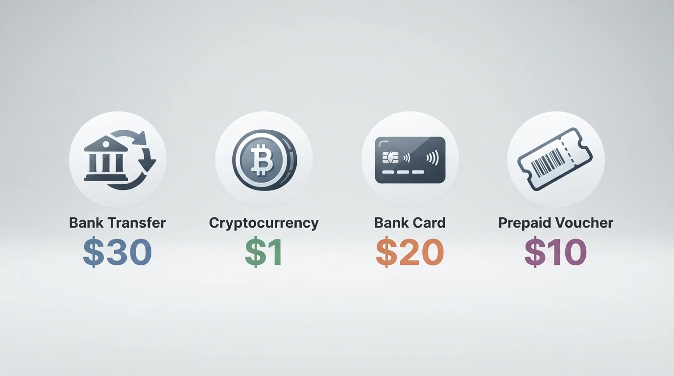 A side-by-side view of PayID, a cryptocurrency wallet, a debit card and a Neosurf voucher on a casino cashier screen, each showing a different minimum deposit amount