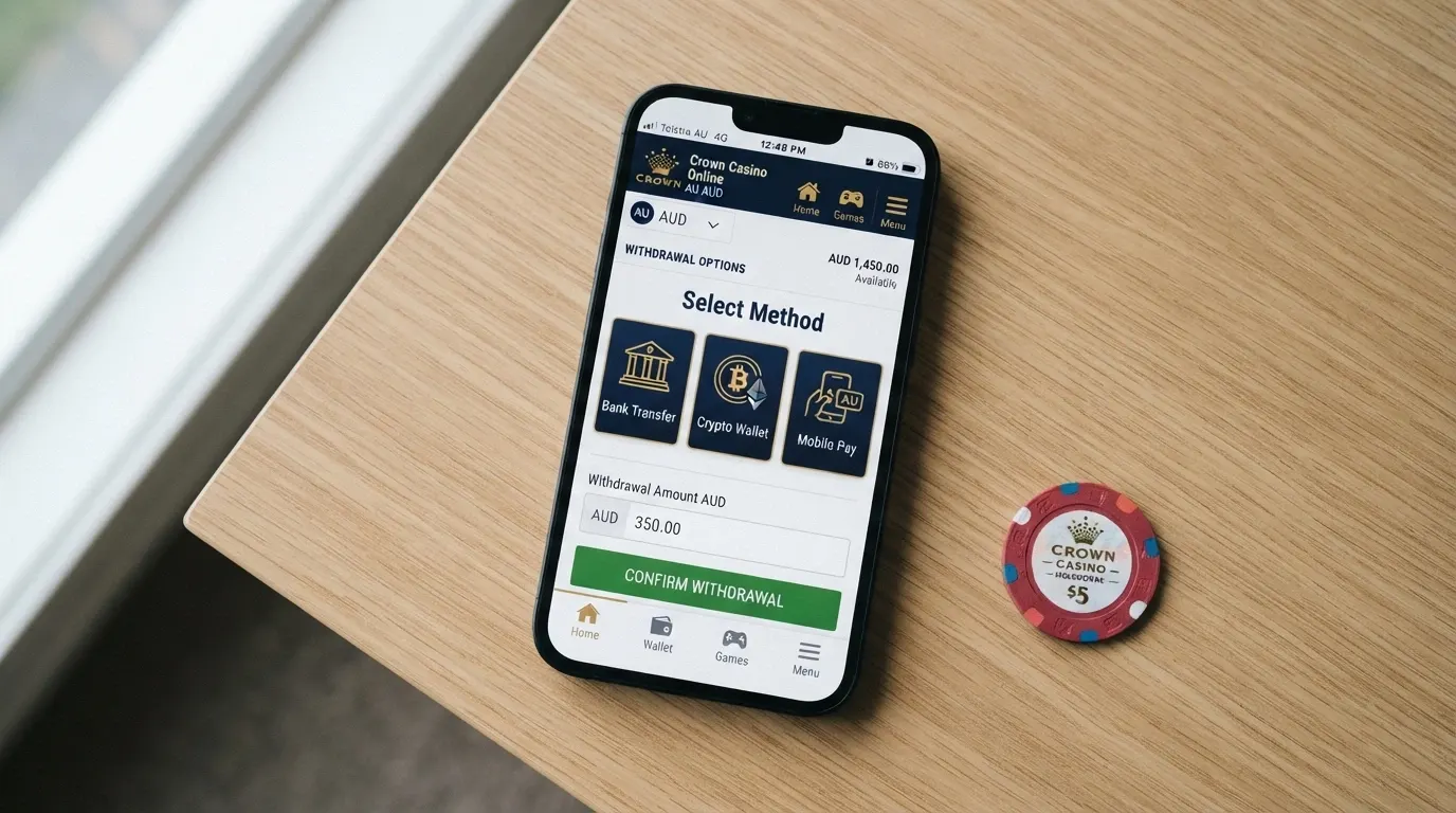 A smartphone screen showing a casino withdrawal page with PayID, crypto wallet and bank transfer options, an Australian $50 note resting beside it