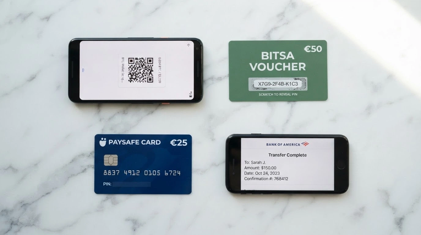 A flat-lay arrangement of a smartphone showing PayID, a Neosurf voucher, a Paysafecard, and a crypto wallet QR code, each labelled with its minimum deposit floor