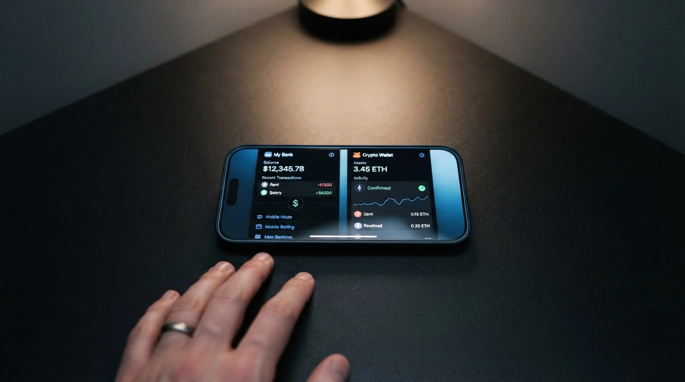 A smartphone displaying mobile banking and cryptocurrency wallet apps side by side on a dark desk
