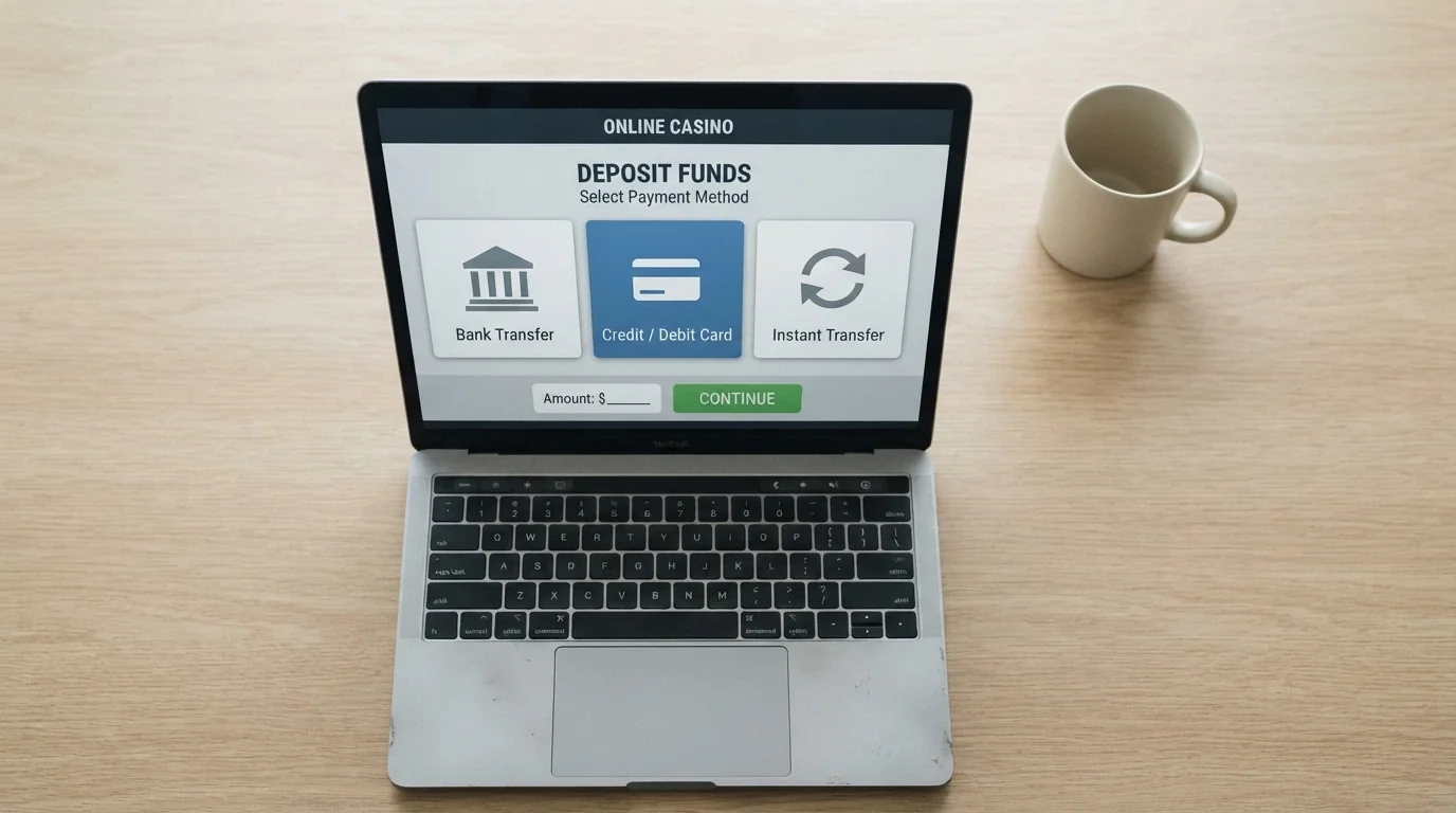 A laptop screen showing an online casino cashier with PayID, debit card and bank transfer options highlighted