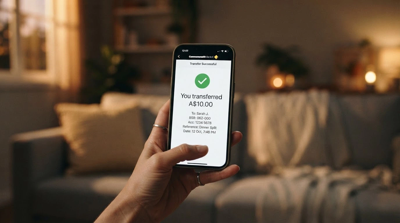 A smartphone showing a banking app with a PayID transfer confirmation for a $10 casino deposit, the Osko logo visible