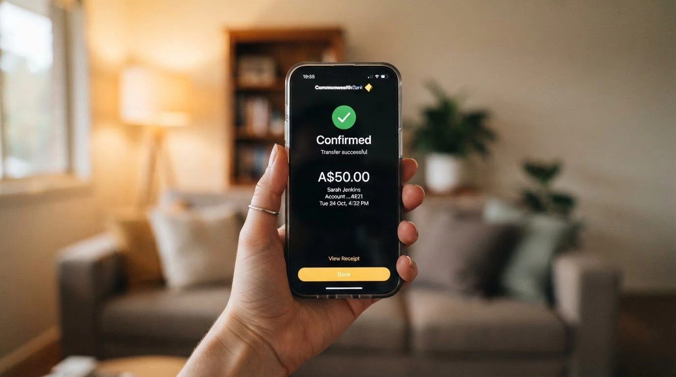 A hand holding a phone showing a banking app with a PayID transfer confirmation for an online casino deposit