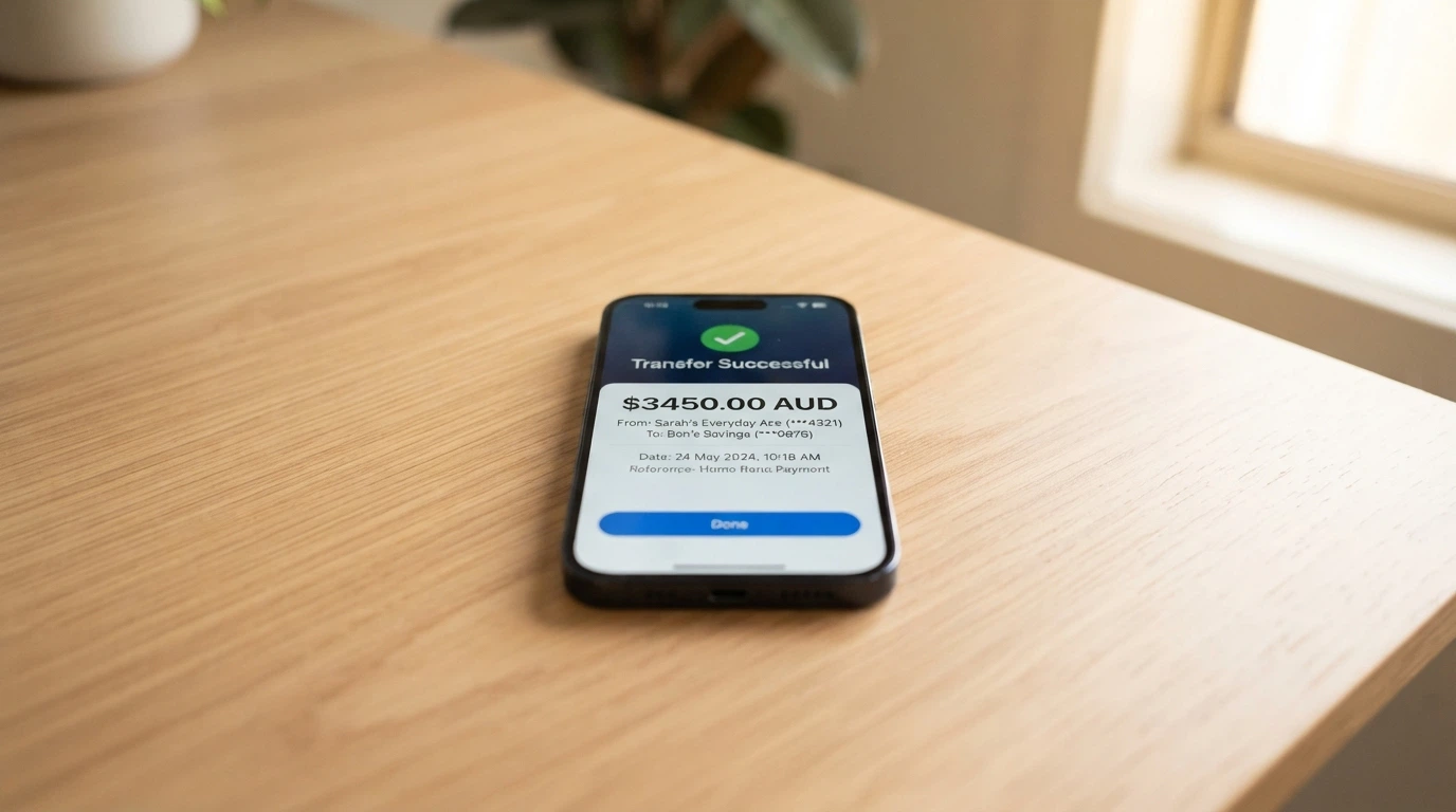 A smartphone showing a PayID bank-transfer confirmation screen with a dollar amount and the Osko logo visible