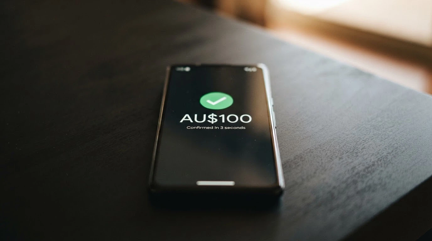 A smartphone screen displaying a PayID payment confirmation with a timestamp showing seconds-since-initiated and a dollar amount