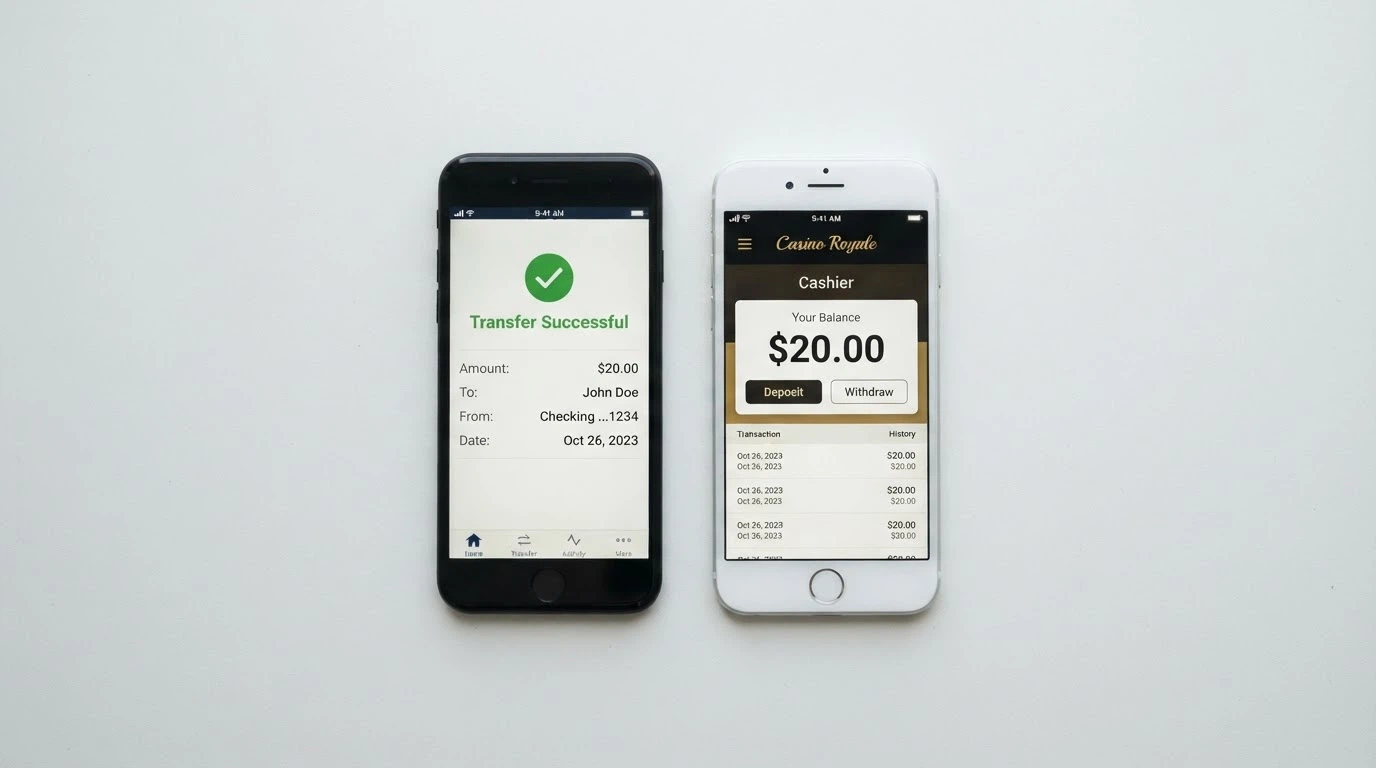 A split-screen comparison: on the left, a banking app showing a PayID transfer confirmation with the timestamp visible; on the right, the same $20 balance reflected in a casino cashier screen in under 60 seconds.