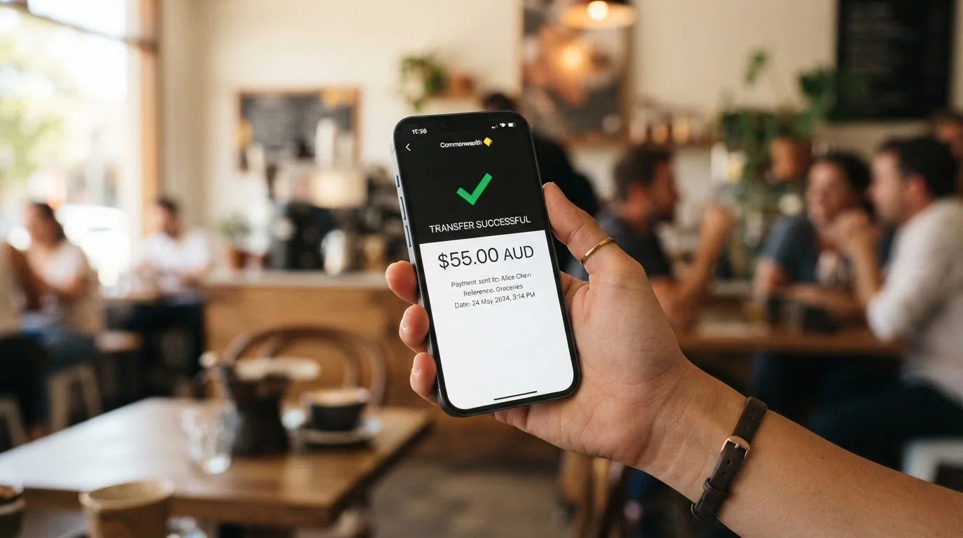 A phone screen showing a PayID instant bank transfer in progress