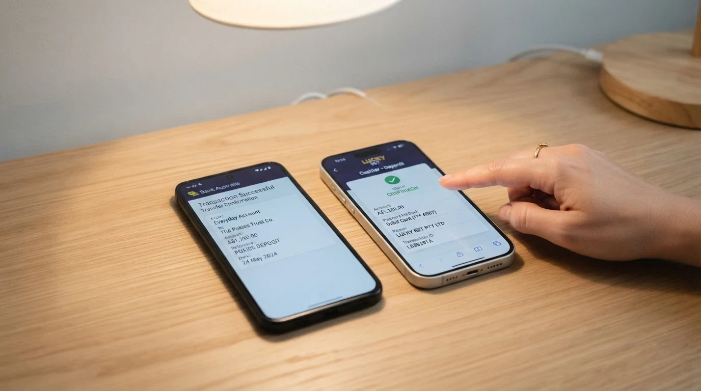 A smartphone bank-app screen next to a casino deposit screen, showing a PayID transfer with the payee name generic