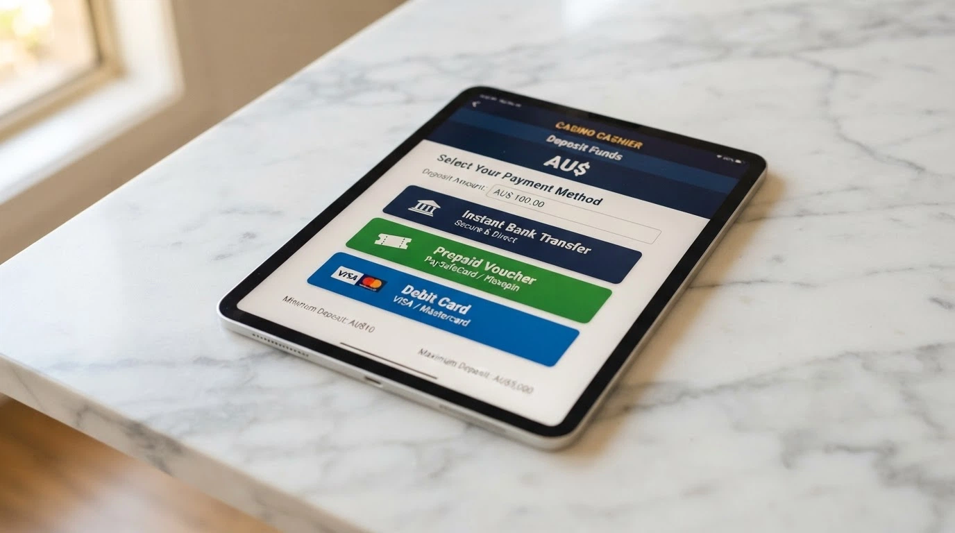 iPad display showing a casino deposit screen with PayID, Neosurf voucher and debit card options visible