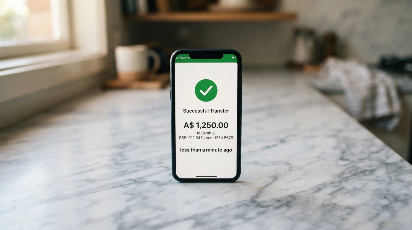 A smartphone showing a banking app PayID transfer confirmation screen with a timestamp reading “less than a minute ago”