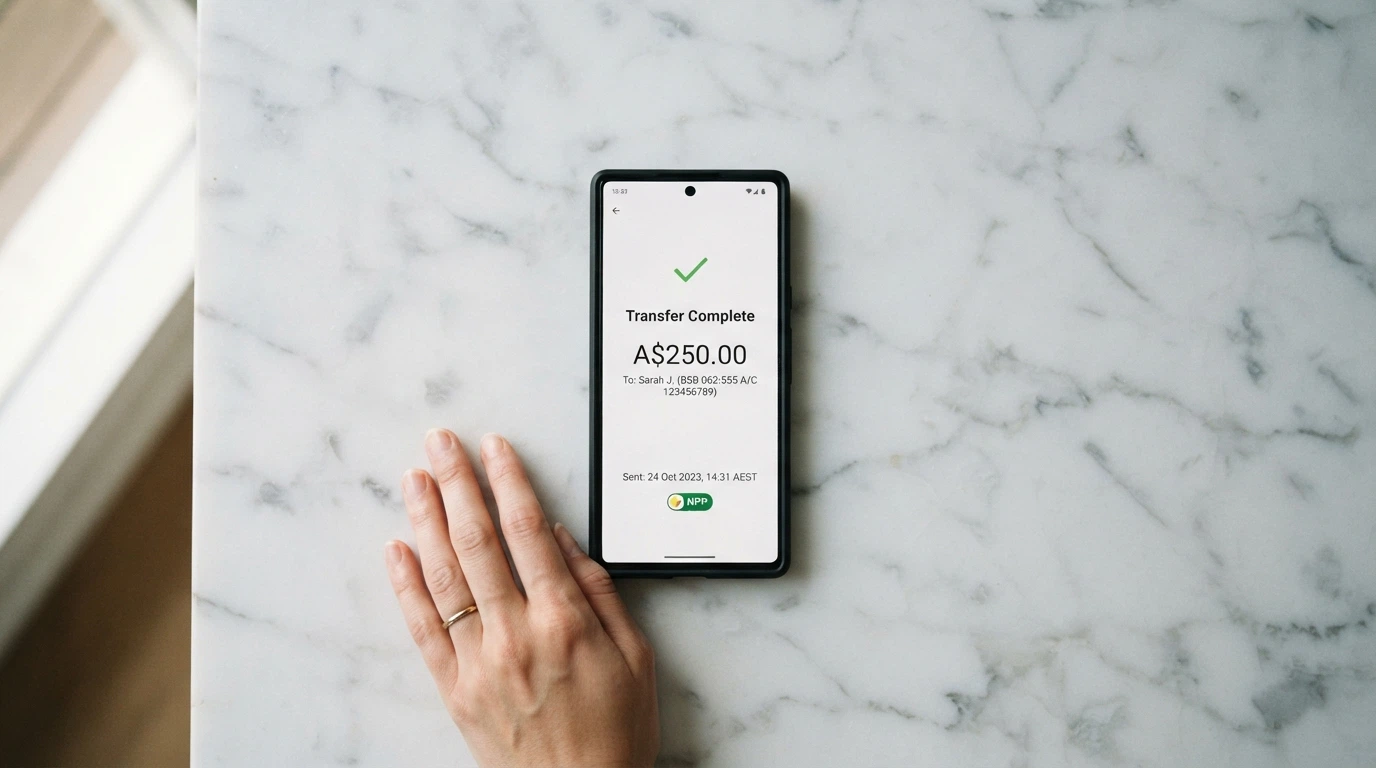 A smartphone banking app showing a completed PayID transfer with the transaction time, amount in AUD and the NPP/Osko logo visible on screen