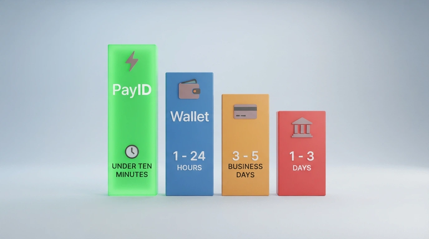 A side-by-side visual of PayID, an e-wallet logo, a crypto wallet, and a bank card, each with a clock showing its typical withdrawal time