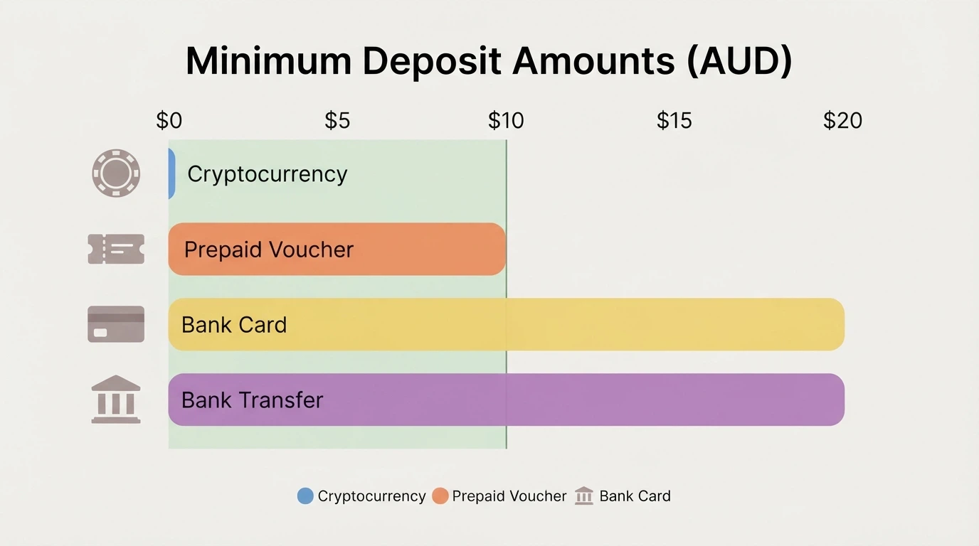 Four payment-method icons — PayID, Neosurf voucher, Bitcoin, and a debit card — arranged beside a scale showing minimum deposit amounts from $0.10 to $20