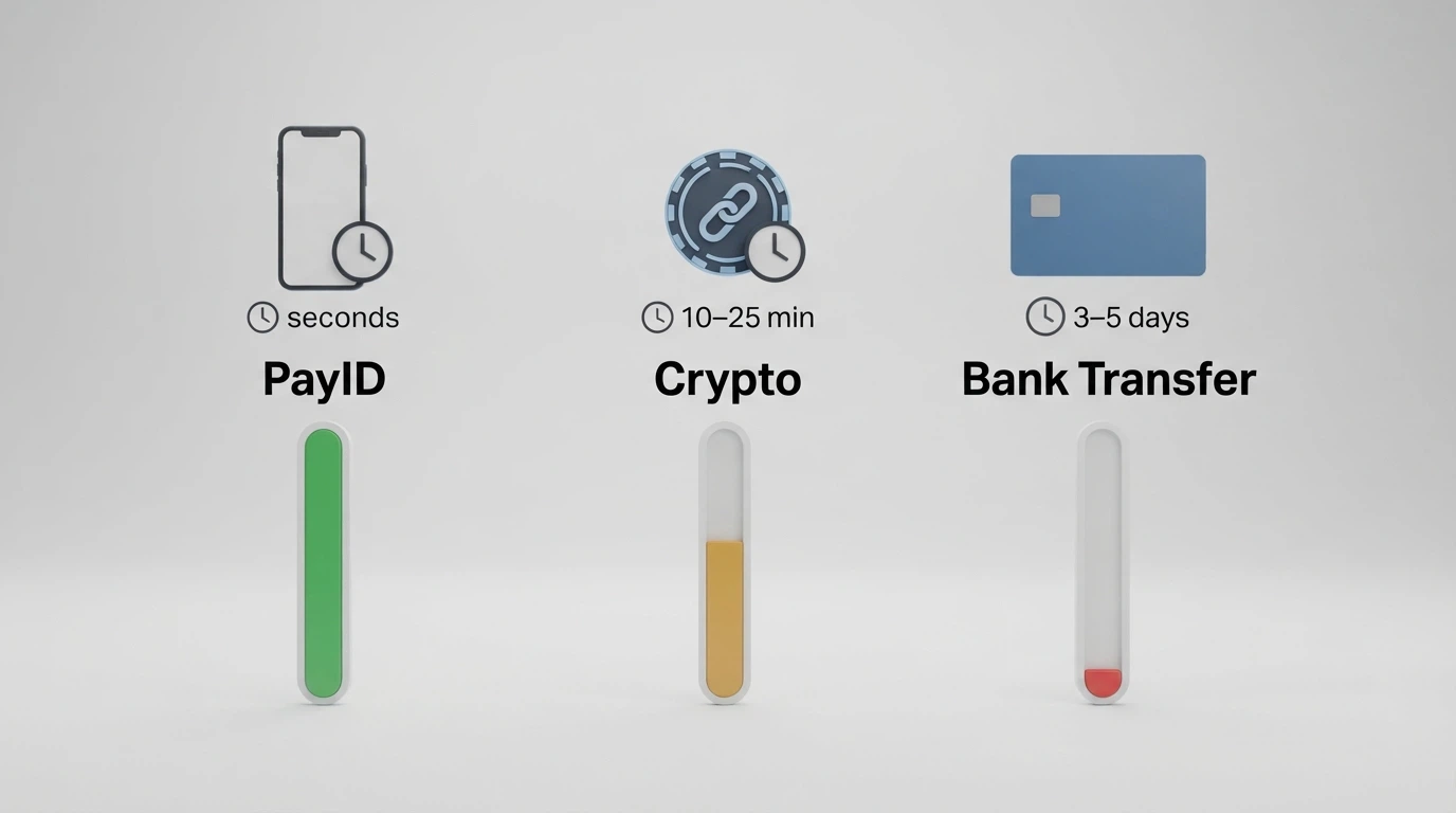 Three payment icons — a PayID logo, a crypto wallet, and a bank card — arranged left to right with a stopwatch beneath each showing different times