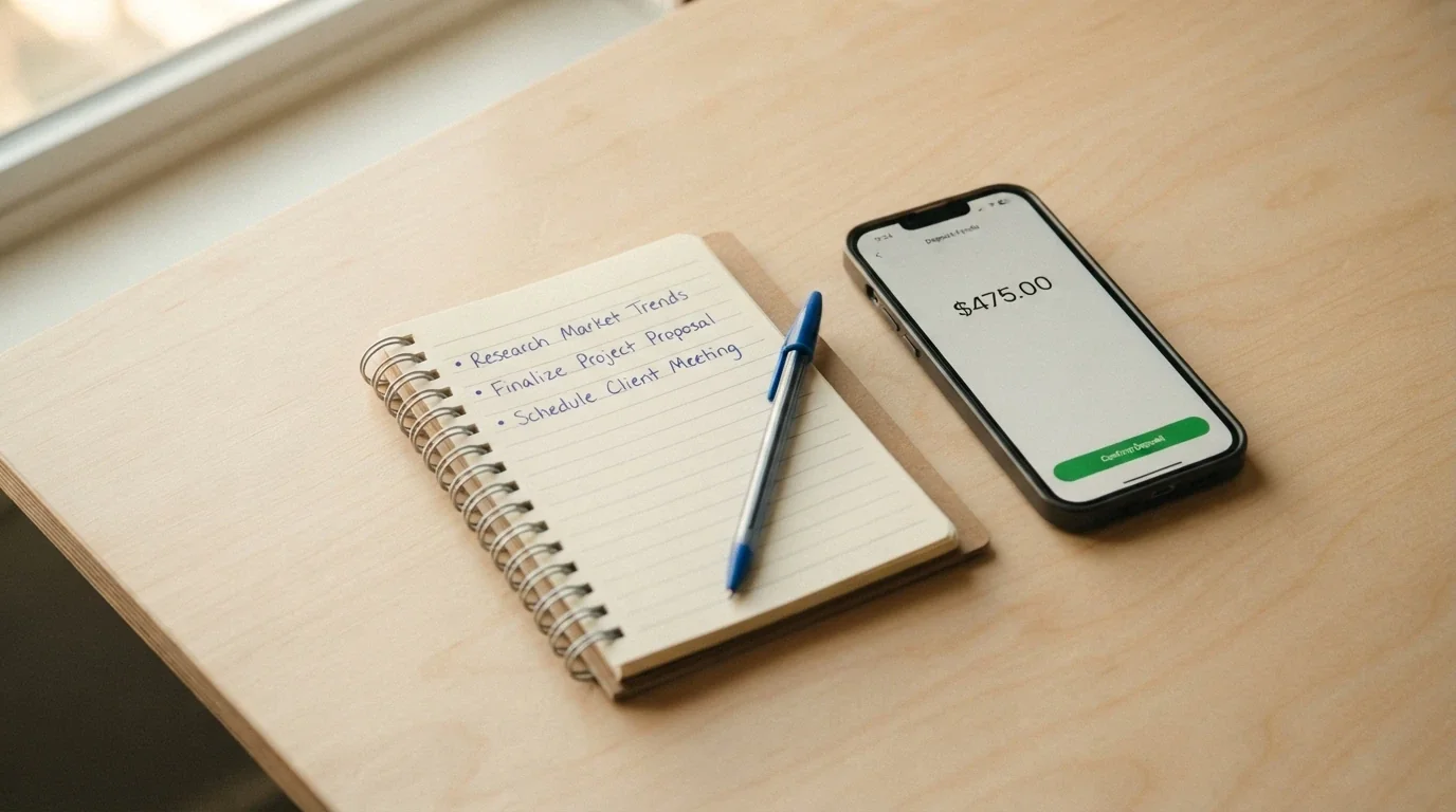 A notepad beside a smartphone showing a crypto casino deposit screen, with three handwritten bullet points visible: anonymity, protection gap, helpline number